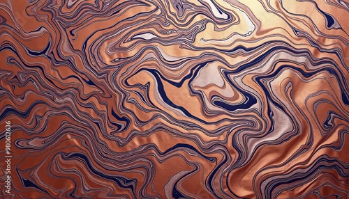 Abstract swirling patterns in copper and navy blue create a captivating fluid design. photo