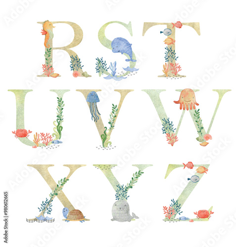 Watercolor sea animals letters.