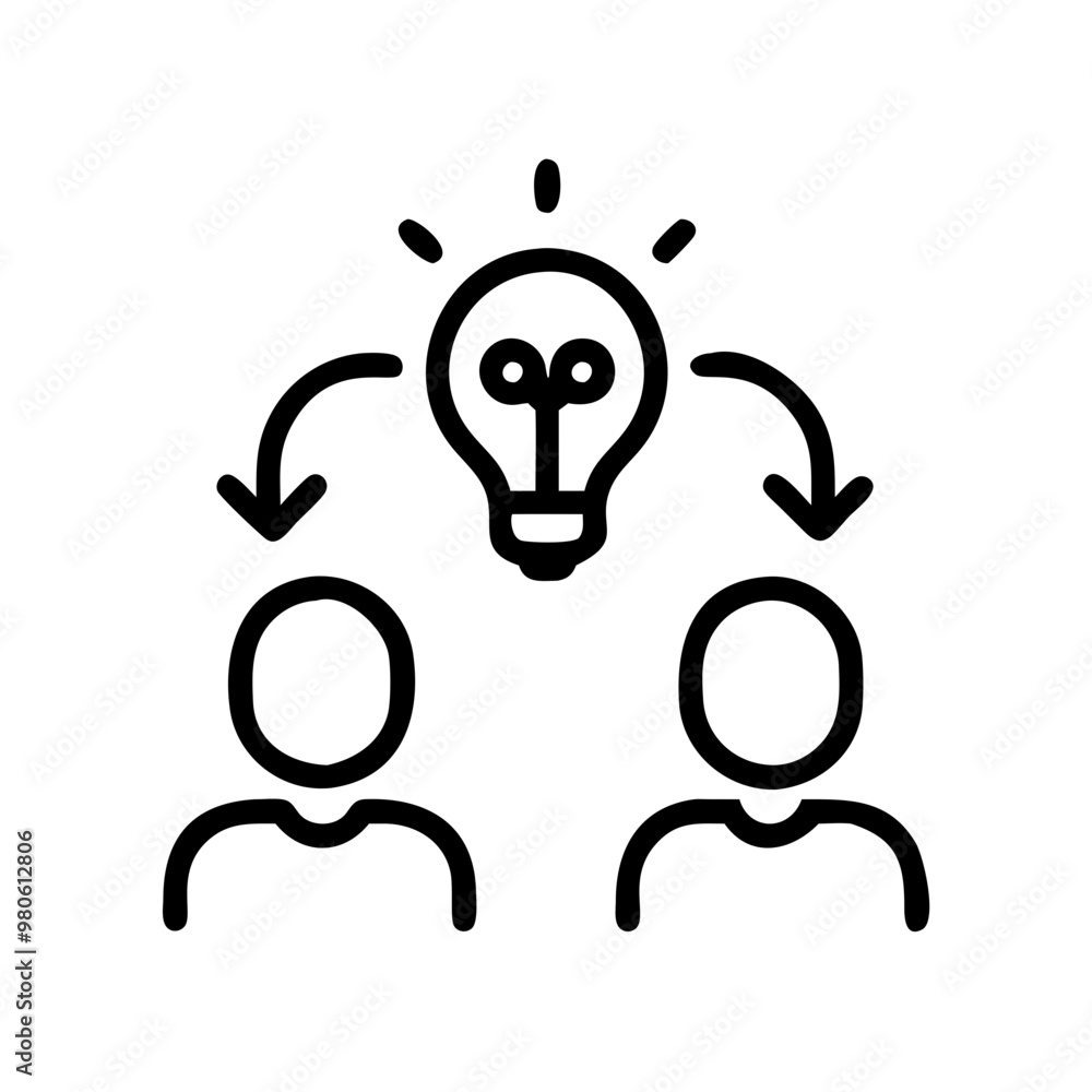 Icon of two people sharing an idea with lightbulb, black line style with copy space Icon of two people sharing an idea with lightbulb, black line style with copy space