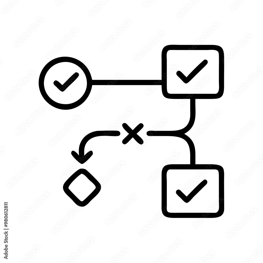Icon of a flowchart with check marks and process steps, black line style with copy space Icon of a flowchart with check marks and process steps, black line style with copy space