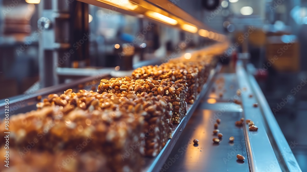 Close-up of a food production line with nuts on it. In the foreground, a line of filled wafers with hazelnuts and caramel, illuminated by bright lights. Close-up of a food production line with nuts on it. In the foreground, a line of filled wafers with hazelnuts and caramel, illuminated by bright lights.