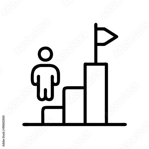 Icon of a person climbing stairs to a goal with flag, black line style with copy space 