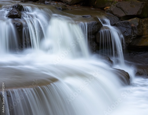 Serene waterfall cascading over smooth rocks in a tranquil natural setting.