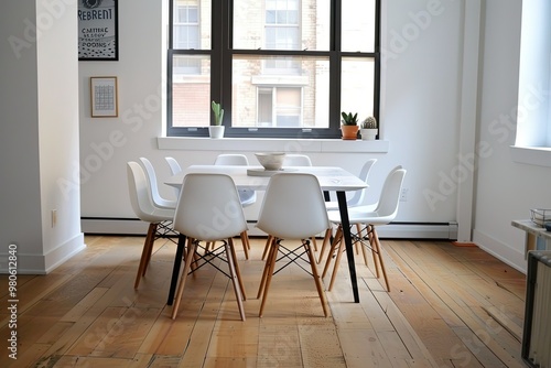 a dining room table with white chairs and a window