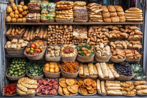 A vibrant display of freshly baked goods in a local market, featuring a diverse range of breads, pastries, and other treats.