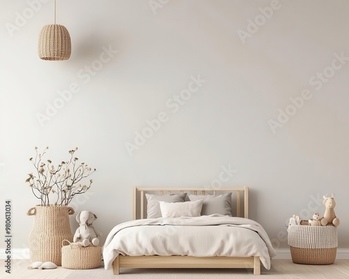 Neutral minimalist kids' bedroom with a small bed, soft pastel tones, and clean lines, kids' room design, spacious layout