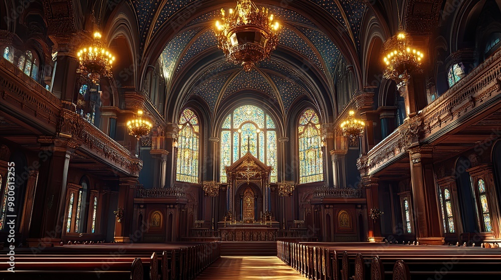 Obraz premium An ornate interior of a grand church with stained glass and wooden pews.