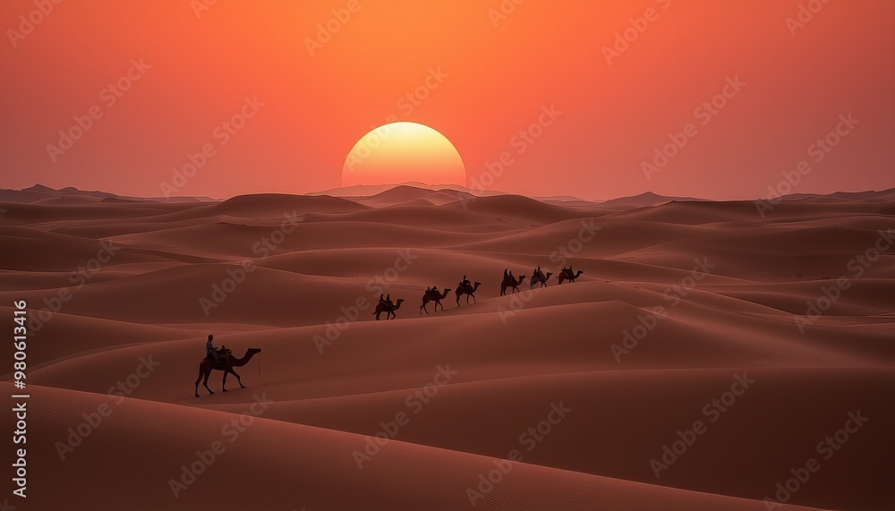 Silhouetted camels with riders walk across the desert at sunset, creating a tranquil scene. Silhouetted camels with riders walk across the desert at sunset, creating a tranquil scene.