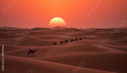 Silhouetted camels with riders walk across the desert at sunset, creating a tranquil scene.