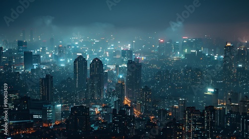 Night view of city, with the city lights glowing in the dark sky above the bustling urban landscape, showcasing skyscrapers and modern architecture against an atmospheric background of foggy clouds.  photo