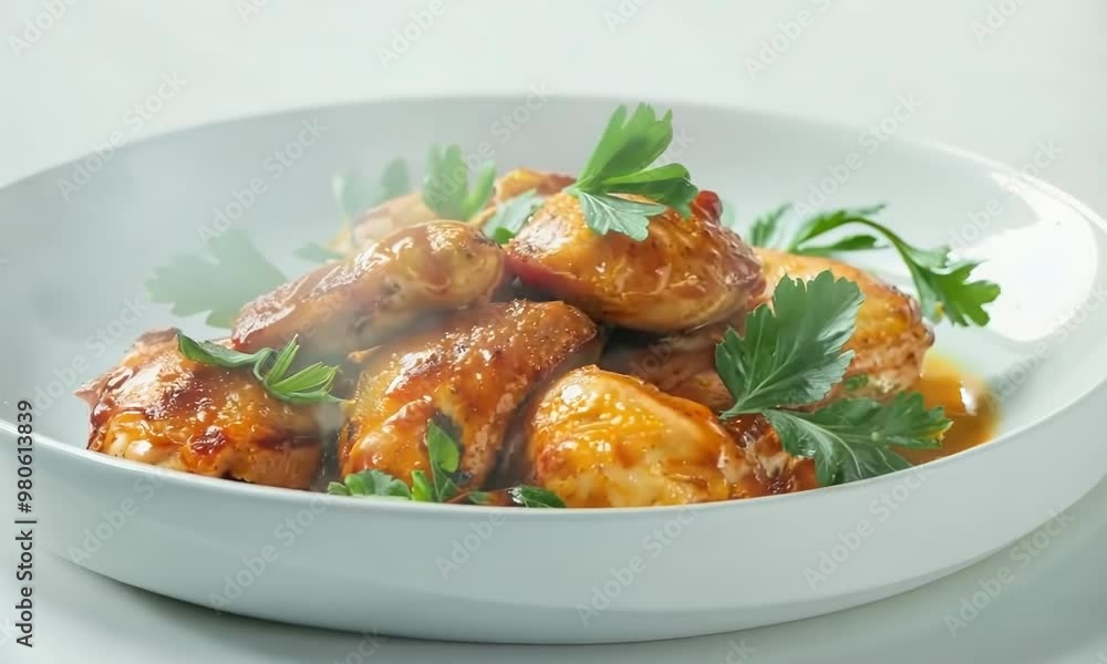 White porcelain dish with chicken on white background, Video White porcelain dish with chicken on white background, Video