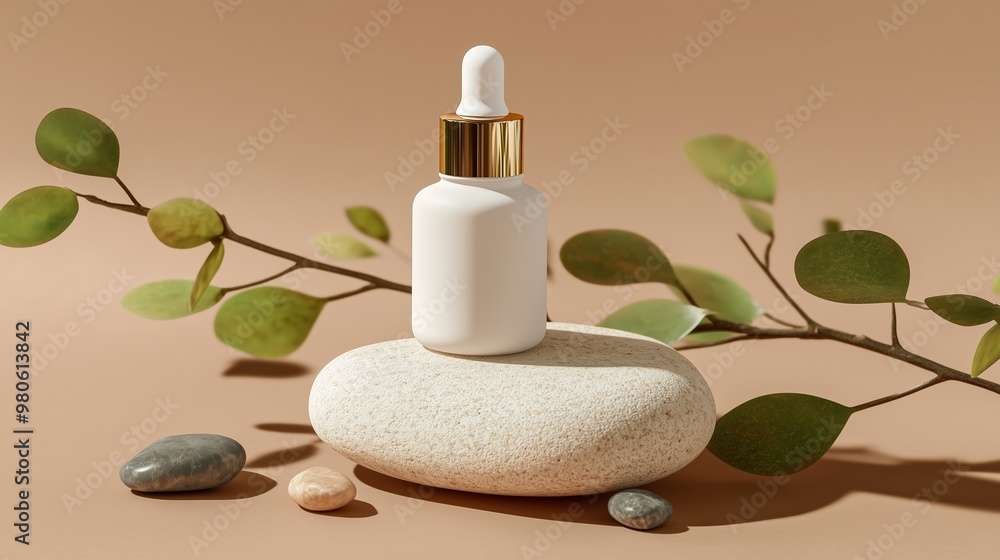 A minimalist skincare serum bottle on a smooth stone surrounded by greenery, highlighting natural beauty and wellness A minimalist skincare serum bottle on a smooth stone surrounded by greenery, highlighting natural beauty and wellness