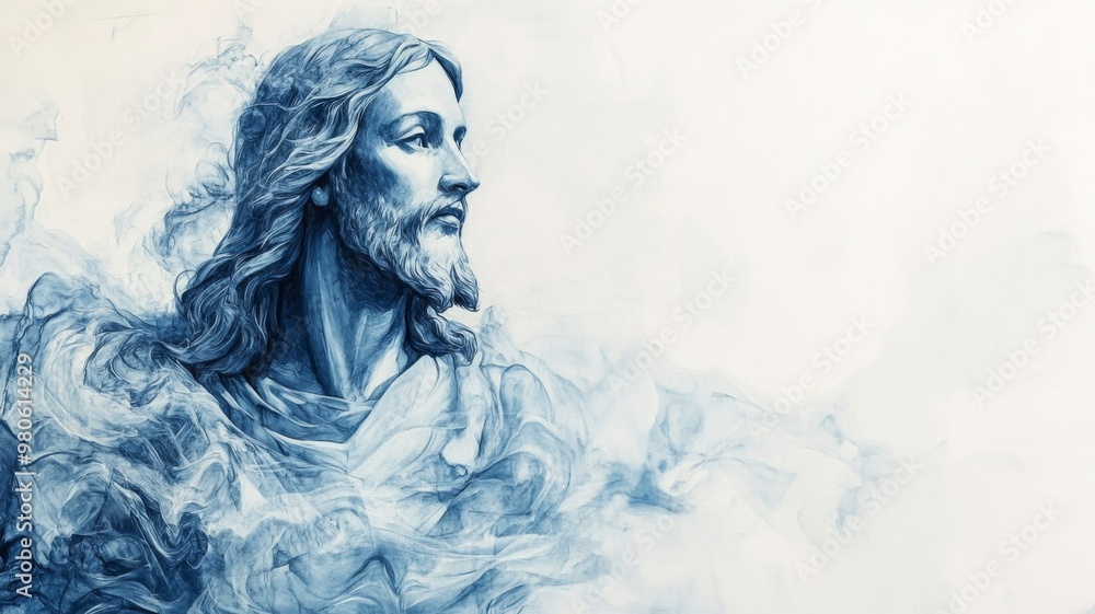 Abstract Artistic Portrait of Jesus Christ with Crown of Thorns in Blue Tones on White Background Abstract Artistic Portrait of Jesus Christ with Crown of Thorns in Blue Tones on White Background