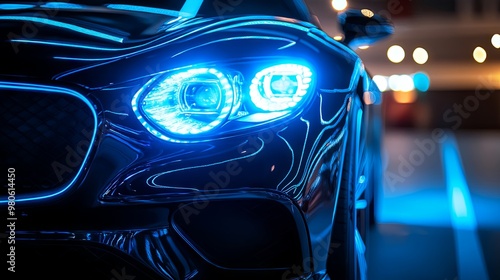 Blue white headlights of a black luxury car very close up