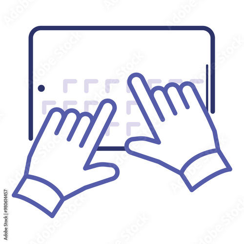 Virtual Keyboard. Two hands on screen. Digital keyboard representation for touch screen and projection interfaces. 