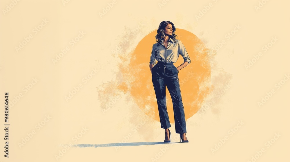 Stylish Woman in Modern Attire Posing Against Artistic Background with Orange Circle Stylish Woman in Modern Attire Posing Against Artistic Background with Orange Circle