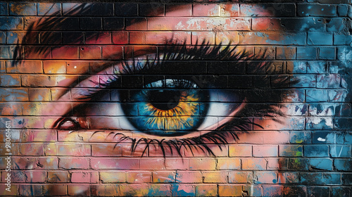 A colorful graffiti of an eye on a brick wall, created with realistic details and vibrant colors, producing a strong artistic effect