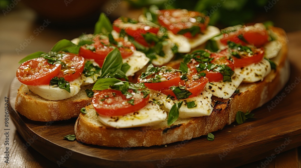 Caprese salad bruschettas isolated on wooden table Caprese salad bruschettas isolated on wooden table
