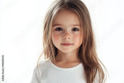 cute little girl in a white T shirt on a white background