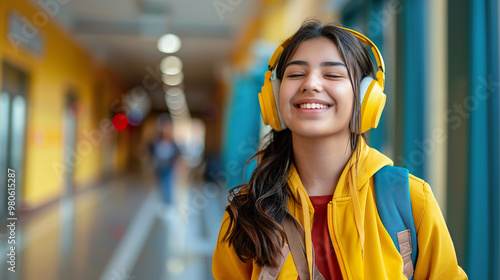 young Hispanic female student happily walks to school wearing headphones and enjoying her music