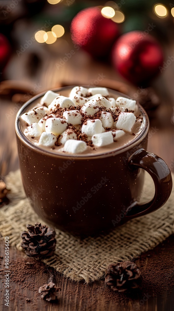 Christmas cocoa with marshmallow in mug on brown Christmas cocoa with marshmallow in mug on brown