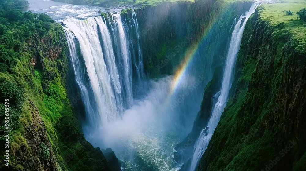 Fototapeta premium A breathtaking waterfall scene with lush greenery and a rainbow in the mist.