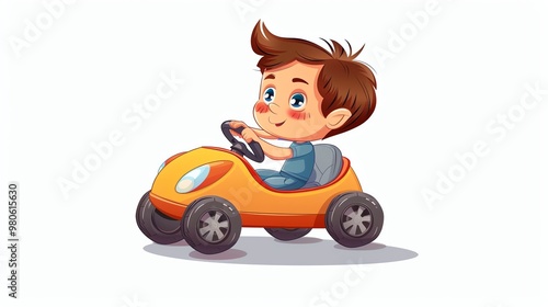 A cartoon boy drives a toy car.