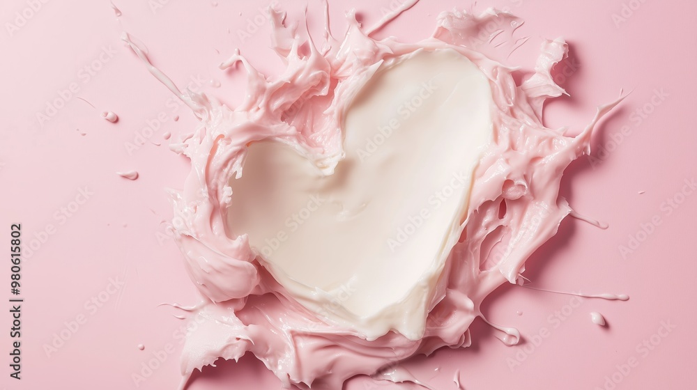 Sweet heart-shaped swirl of whipped cream on a pastel pink backdrop creates a delightful dessert presentation Sweet heart-shaped swirl of whipped cream on a pastel pink backdrop creates a delightful dessert presentation