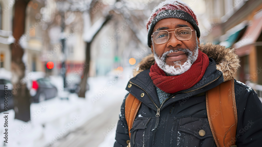 Serious Mature Black Man Standing on Snowy Winter Street Serious Mature Black Man Standing on Snowy Winter Street