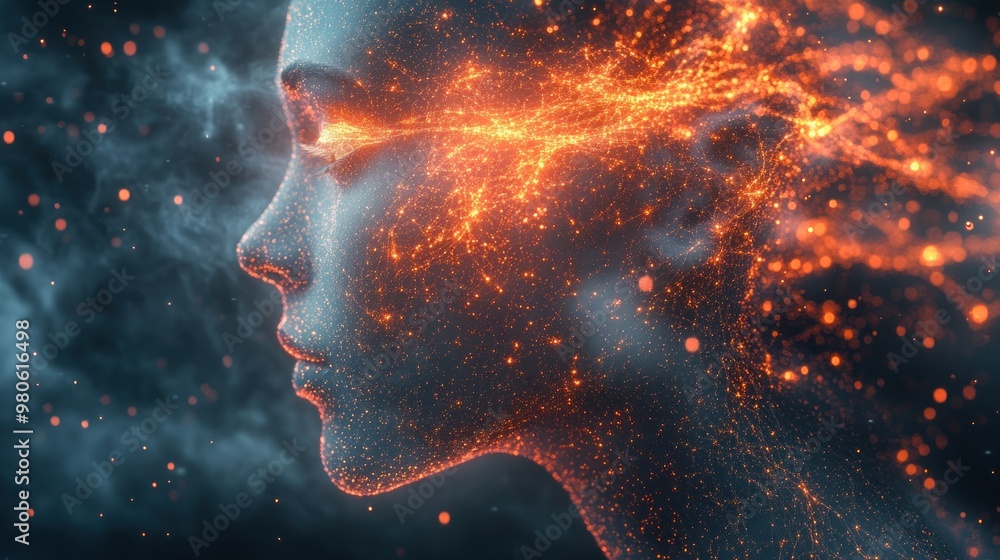 Abstract representation of a human face with glowing energy. Abstract representation of a human face with glowing energy.