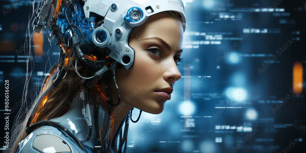 Futuristic Female Cyborg with Wireframe Interface: Advanced AI Technology in a Sci-Fi Setting, Intricate Mechanical Details, Evening Ambience Futuristic Female Cyborg with Wireframe Interface: Advanced AI Technology in a Sci-Fi Setting, Intricate Mechanical Details, Evening Ambience