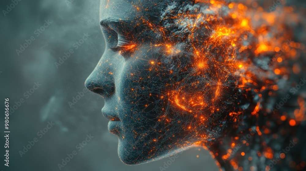 A stylized profile of a human face with glowing, fiery elements. A stylized profile of a human face with glowing, fiery elements.