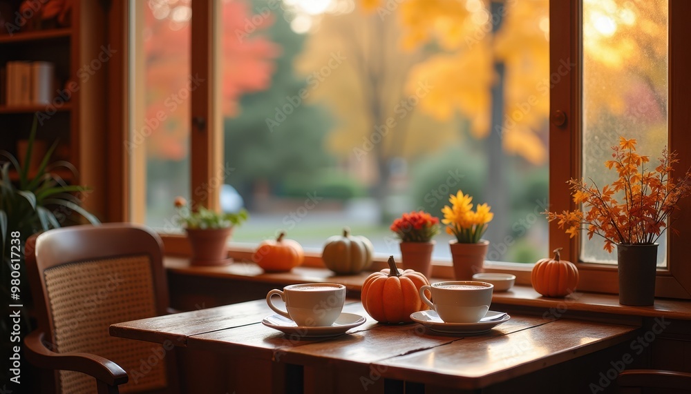 Cozy autumn cafe scene with fall-themed decor, warm beverages, and a view of colorful leaves outside the window Cozy autumn cafe scene with fall-themed decor, warm beverages, and a view of colorful leaves outside the window