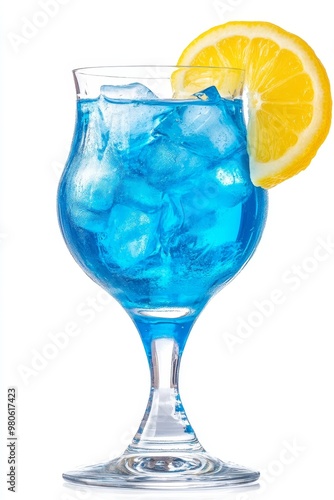 Isolated Refreshing Blue Cocktail with Ice Cubes and a Lemon Slice. Appealing Summer Drink.