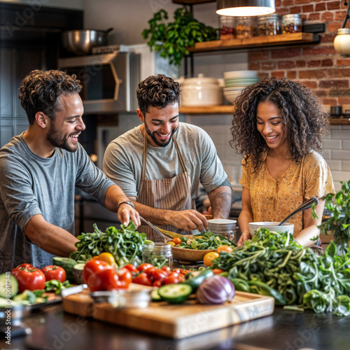 multi-ethnic Vegan Friends Cooking Together