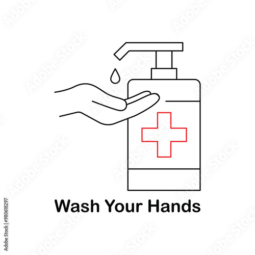 Vector icon for hand sanitization and germ prevention. Features a hand under a soap dispenser, representing hygiene, cleanliness, and safety in a minimalist monoline style.