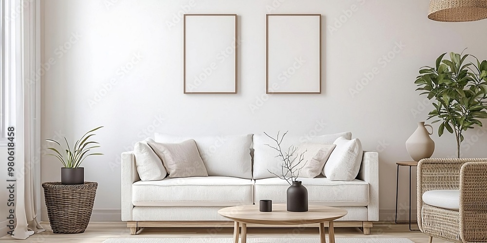 Fototapeta premium Minimalist modern living room interior background, Scandinavian style, 3D render. ai generated
