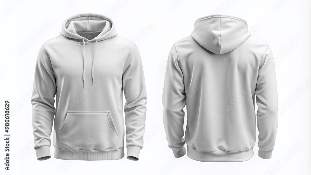 Empty white solid color hoodie mockup with ample copy space on chest and back for custom design, text, or logo, isolated on a pure white background. Empty white solid color hoodie mockup with ample copy space on chest and back for custom design, text, or logo, isolated on a pure white background.
