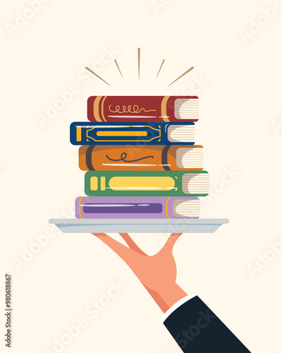 Hand holding a stack of books. Serve books, Education and knowledge vector concept. Sharing knowledge.