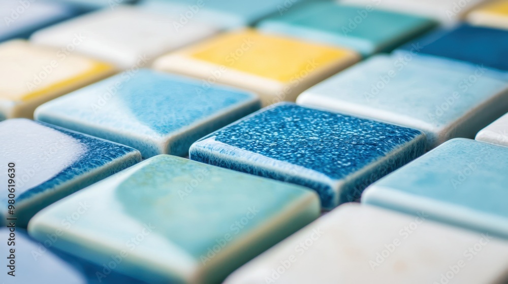 Artistic arrangement of colorful ceramic tiles in varying shades of blue and yellow on display Artistic arrangement of colorful ceramic tiles in varying shades of blue and yellow on display