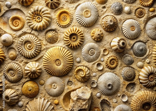 Finely grained limestone texture featuring abundant small, round fossilized brachiopods, showcasing ancient marine life in intricate, natural patterns and earthy tones. photo