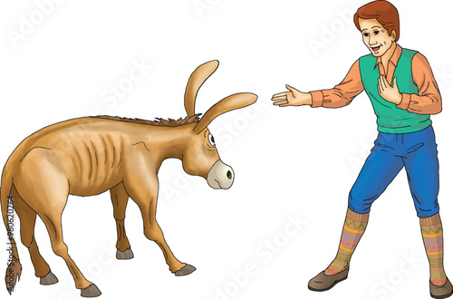 A peasant man tries to pet a frightened donkey.