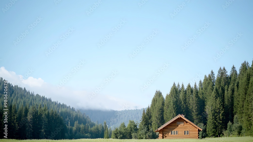 Obraz premium A rustic wooden cabin nestled amidst a dense forest, with a backdrop of towering pines and a clear blue sky. The scene evokes a sense of peace and isolation, perfect for a rural retreat.