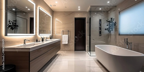 Sleek grey marble bathroom with LED lighting, double vanity, and freestanding tub. generative ai