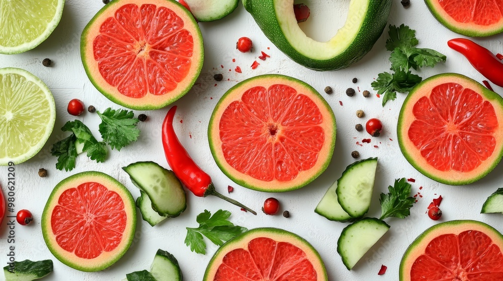 Vibrant Citrus Delight Still Life of Grapefruit, Limes, and Fresh Herbs on White Background Vibrant Citrus Delight Still Life of Grapefruit, Limes, and Fresh Herbs on White Background