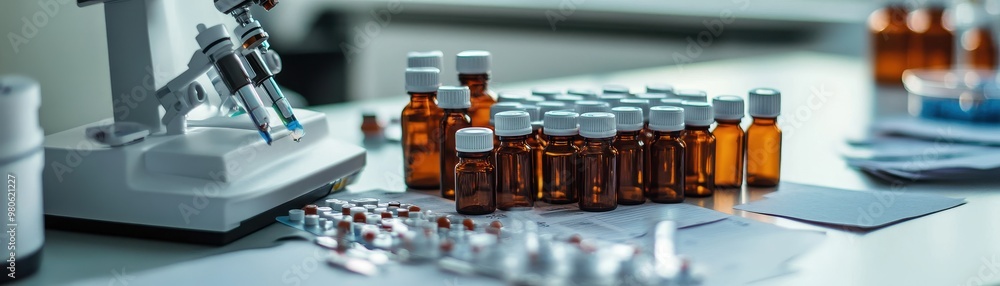 A row of amber glass bottles sit on a table with a lab machine in the background. A row of amber glass bottles sit on a table with a lab machine in the background.