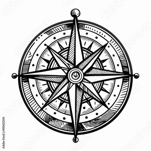 Vintage Nautical Compass Rose Illustration with Intricate Detailing