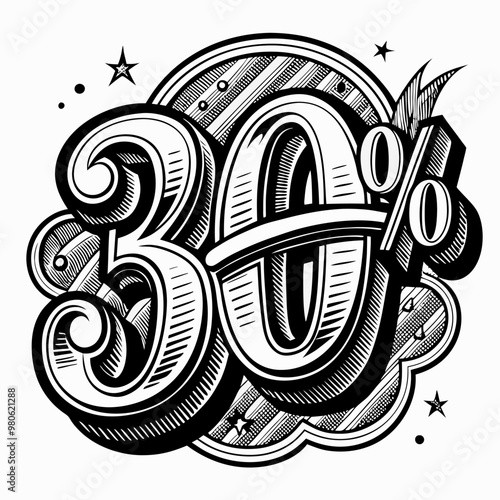 Bold Vintage 30% Discount Sign with Intricate Black and White Design