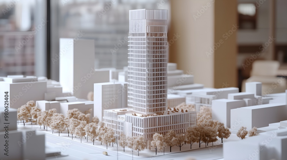Architectural Model of a Modern Skyscraper in Urban Cityscape Architectural Model of a Modern Skyscraper in Urban Cityscape