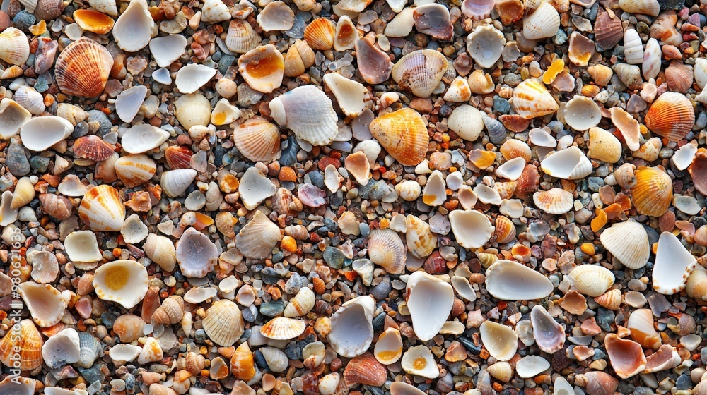 Colorful collection of seashells and pebbles on a sandy beach at sunrise in summer Colorful collection of seashells and pebbles on a sandy beach at sunrise in summer